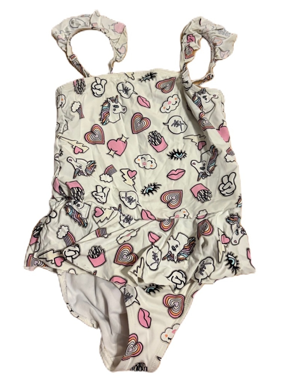 Betsey Johnson White One-Piece Swimsuit Unicorn Lips Sz 7/8 French Fries